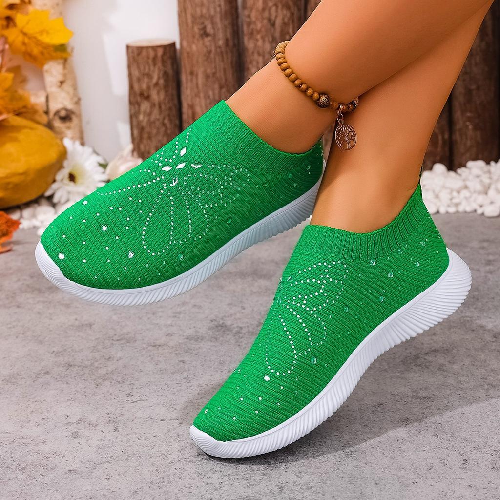 Fashion Casual Soft Sole Women's Shoes 2025 Spring and Autumn Round Toe Mesh Breathable Ribbon Rhinestone Soft Sole Non-Slip Flats