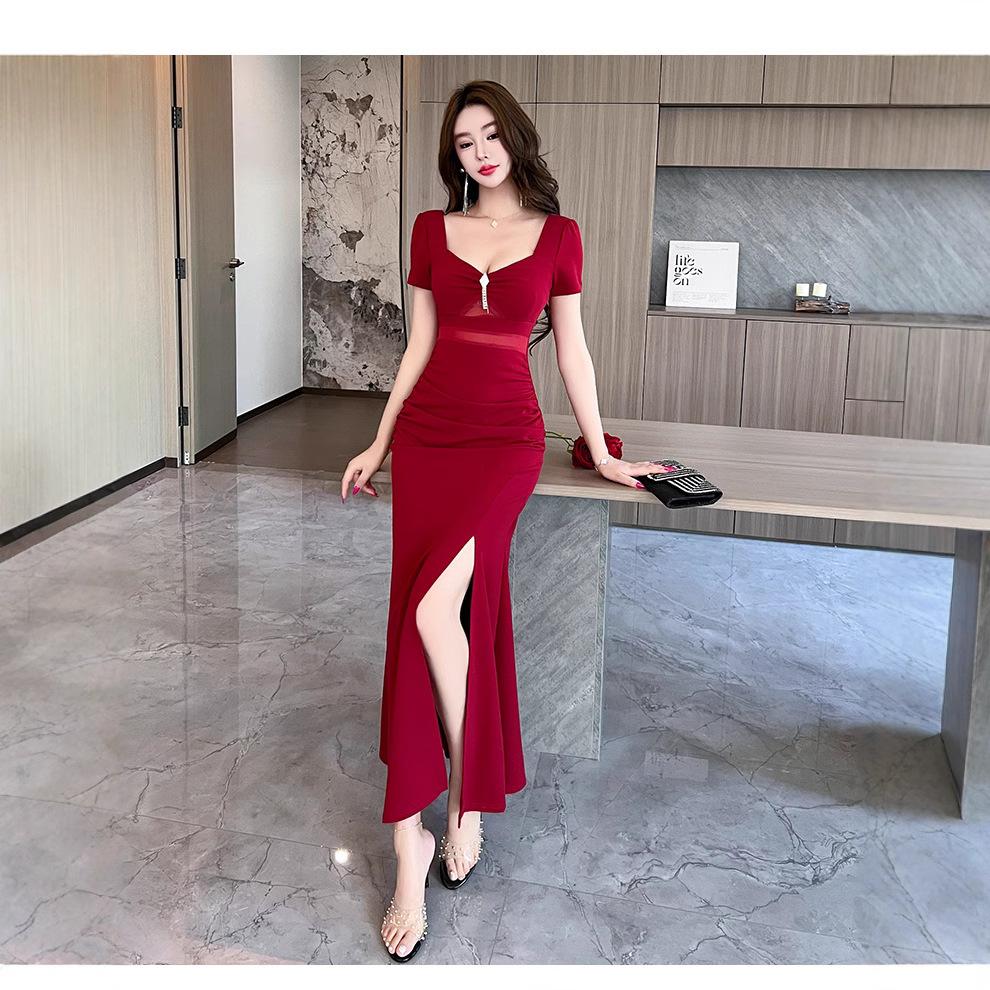 Celebrity evening dress split-ended long dress low-cut sexy dress advanced sense slim and thin