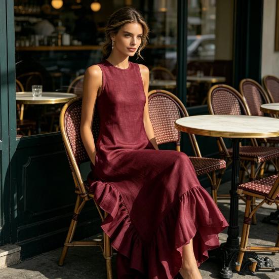 Ärmelloses Damenkleid Raffung Rüschensaum Elegantes Schwingkleid Rundhalsausschnitt Strandkleid für Büro Party Cocktail Strandmode
