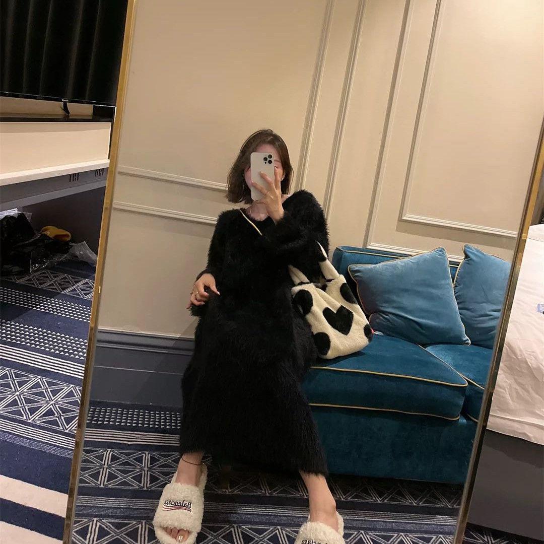 

Платье-свитер из норковых волос с длинными волосами выше колена, вязаное платье, женский осенне-зимний свободный свитер, длинное платье, пуловер, женские топы One Size чёрный