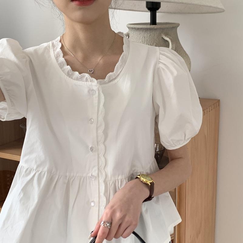 Shirts Women Elegant Sweet Preppy Style Cute Summer Tops Short Puff Sleeve New Arrival Stylish Korean Camisas Mujer Vintage Pure