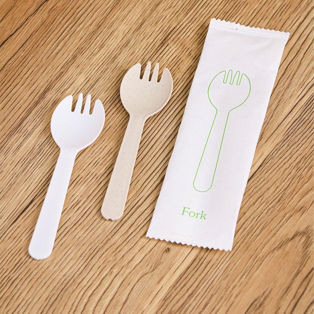 100Pcs Eco-Friendly Disposable Spoon Fork Wheat Straw Mini Fork Set Dessert Cake Fork  Tableware