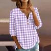 Women’s Casual Plaid Print Henley Shirt Cotton Linen Three Quarter Sleeve V Neck Button Front Loose Fit Top