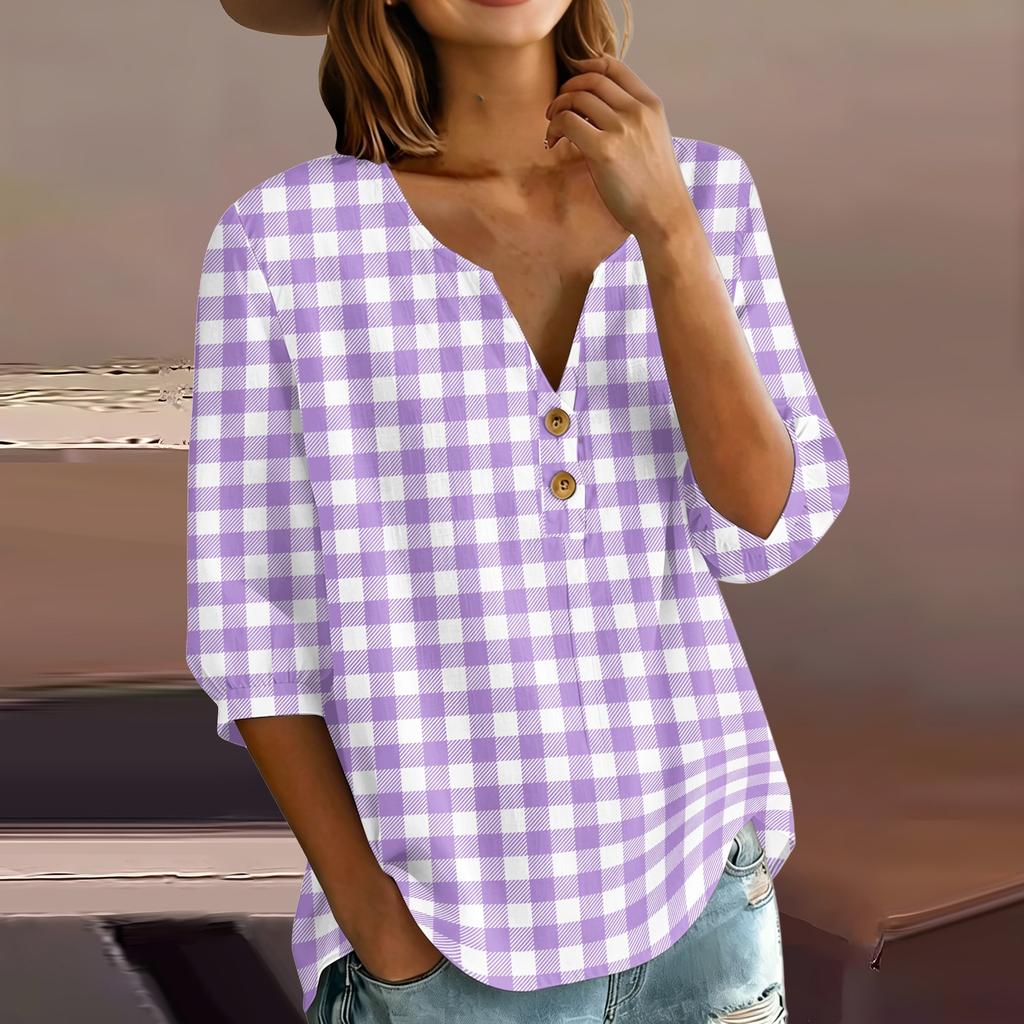 Women’s Casual Plaid Print Henley Shirt Cotton Linen Three Quarter Sleeve V Neck Button Front Loose Fit Top