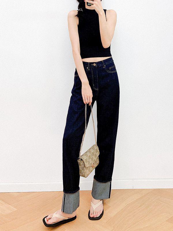 Okayama Selvedge Denim Jeans, Red Trim, Original Color, Dark Blue Cuffed Hem, Straight Leg, Slim Fit, Classic Retro Style.