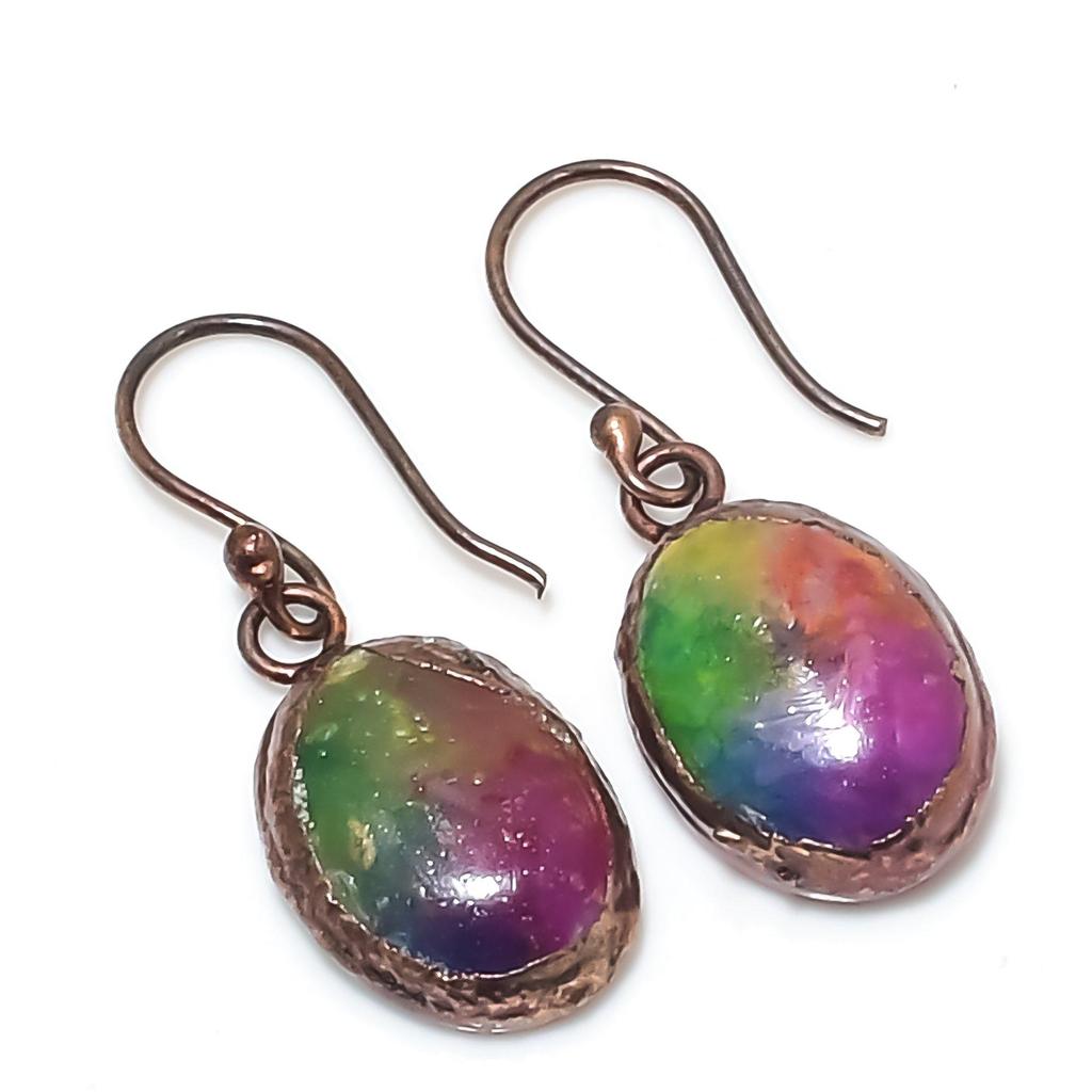 Rainbow Solar Quartz Earrings Gemstone Jewelry, Copper Electroformed Handmade Earrings, Latest Design Jewelry