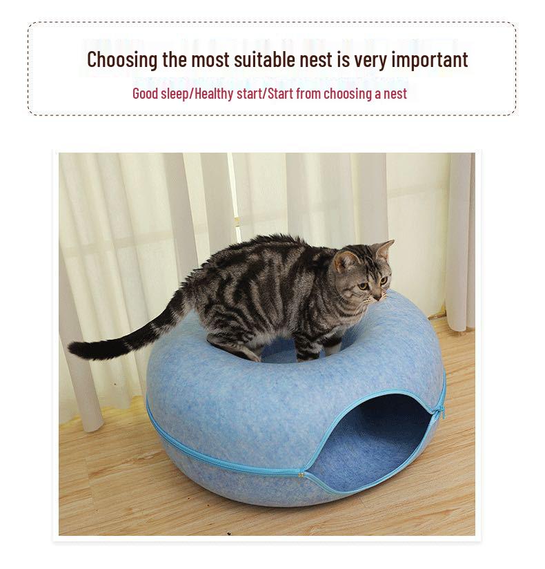 Donut Tunnel Style Felt Cat Bed - Breathable, Removable, Washable, All-Season Use
