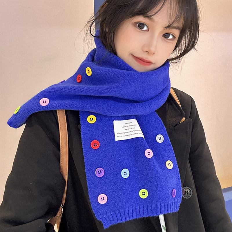 Luochi Knitting~Cute Button Korean Style Wool Scarf – Versatile, Thickened Neck Warmer, Solid Color, Sweet Winter Accessory.