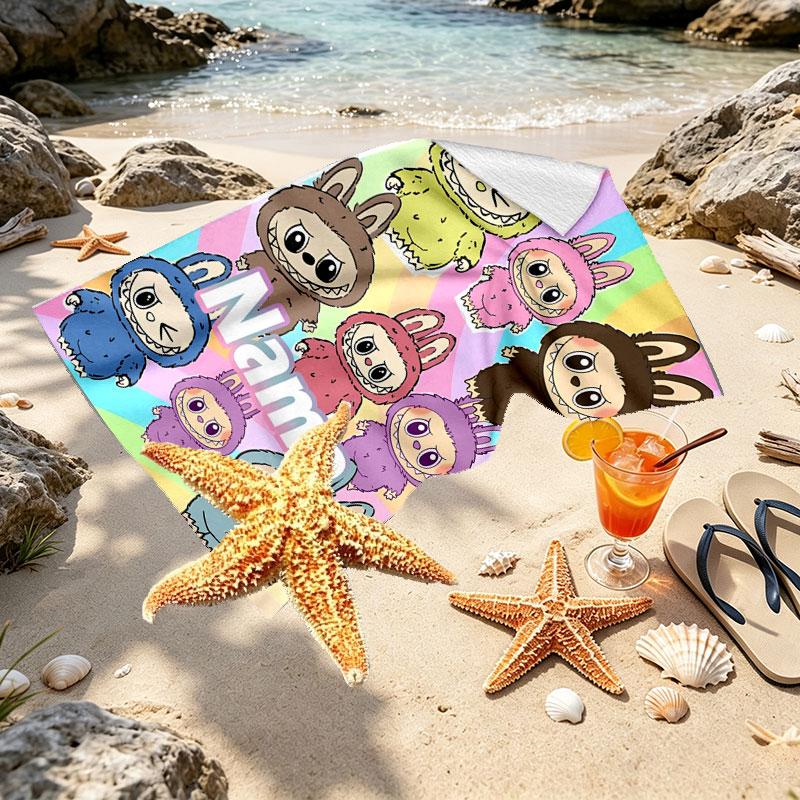 Custom Name Personalized Labubu Print Beach Towel, for Trip Camping Beach Party Home Decor, Birthday Gift for Family & Friends