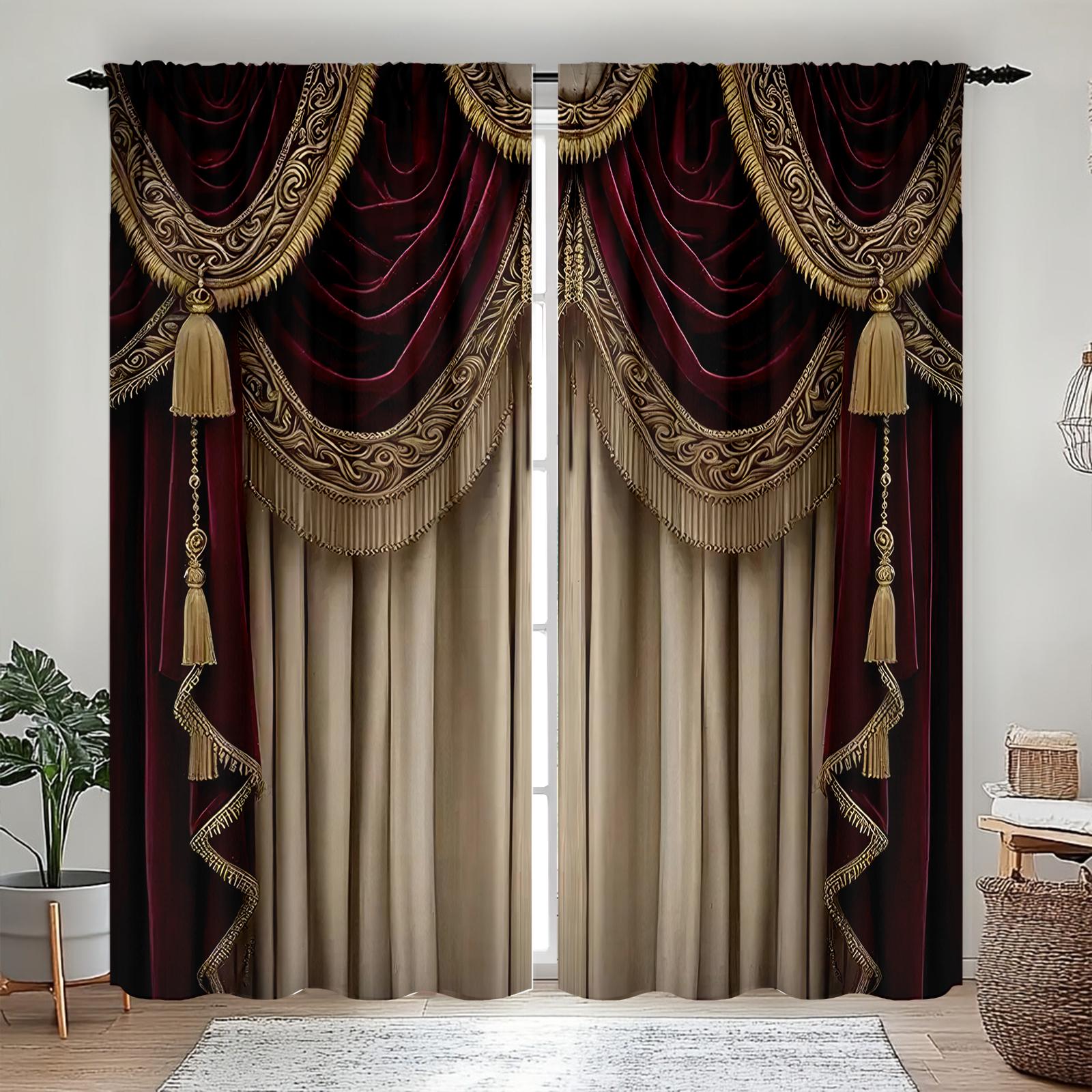 

False background pattern printed curtains, Christmas decorations, bedroom and living room, home decoration, room decoration 14Wx39L(35x100CM)x2&Rod Pocket