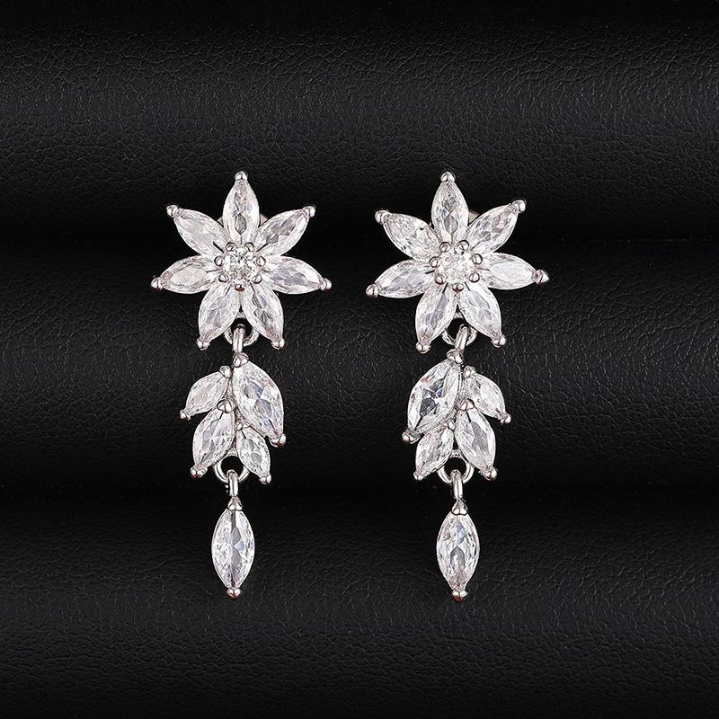 Silver Plated Marquise CZ Flower Drop Earrings, Sparkling Floral Leaf Dangling Earrings for Women