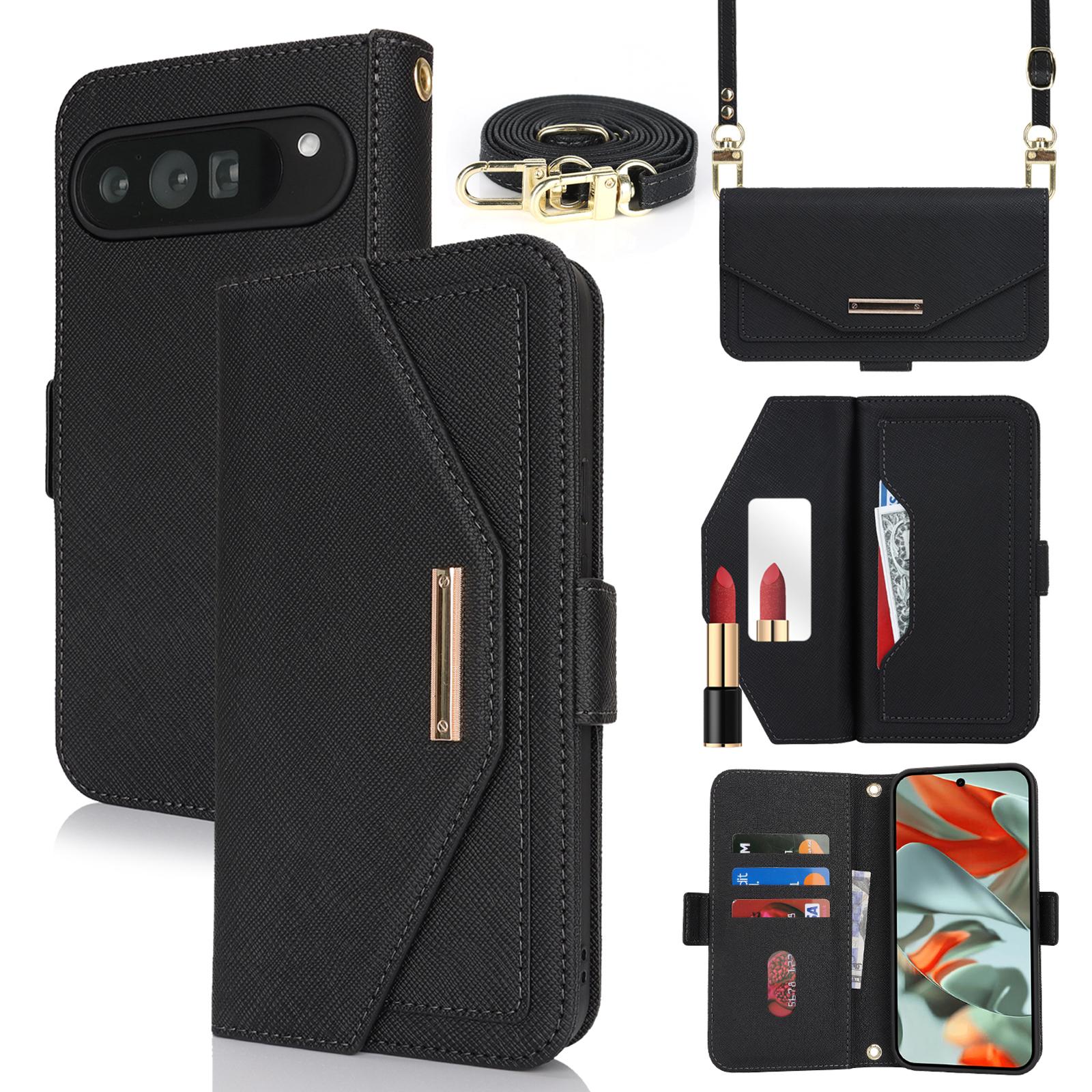 

For Google Pixel 9 Pro XL Stand Case Cross Texture PU Leather Wallet Phone Cover with Shoulder Strap/Makeup Mirror Black