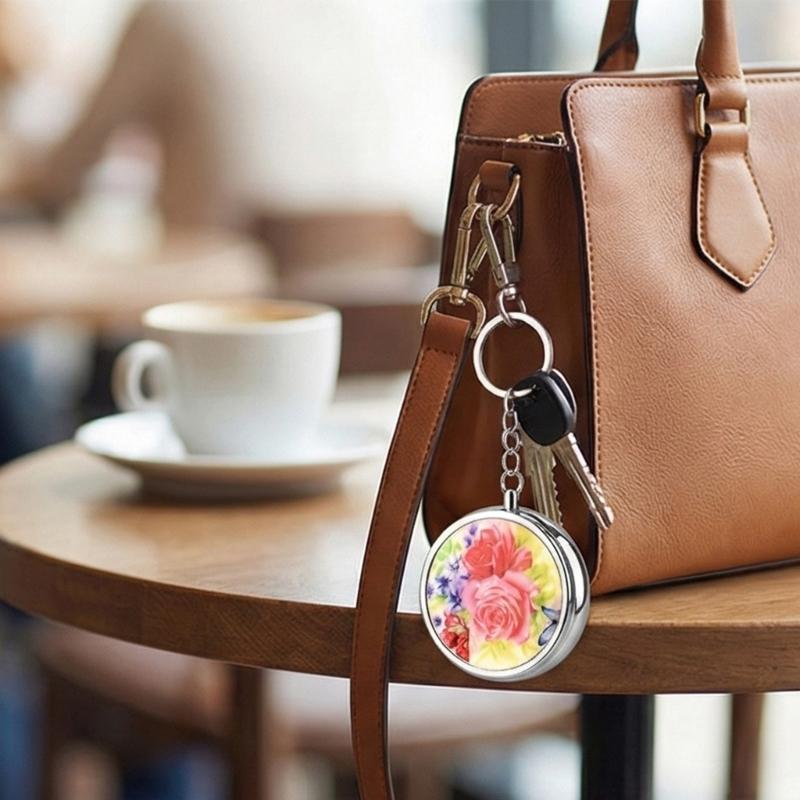 Pills Box Keychain With Mirror And Sealed Metal Compartment Keychain Moisture-Proof Medicines Dispenser Travel Accessory