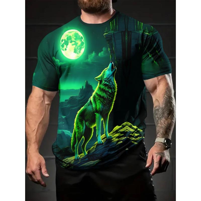 Men's Green Wolf 3D Printed T-Shirt Casual Short Sleeve Crewneck Top Cool Glowing Moon Animal Graphic Tee Trendy Streetwear Summer Fashion Clothes