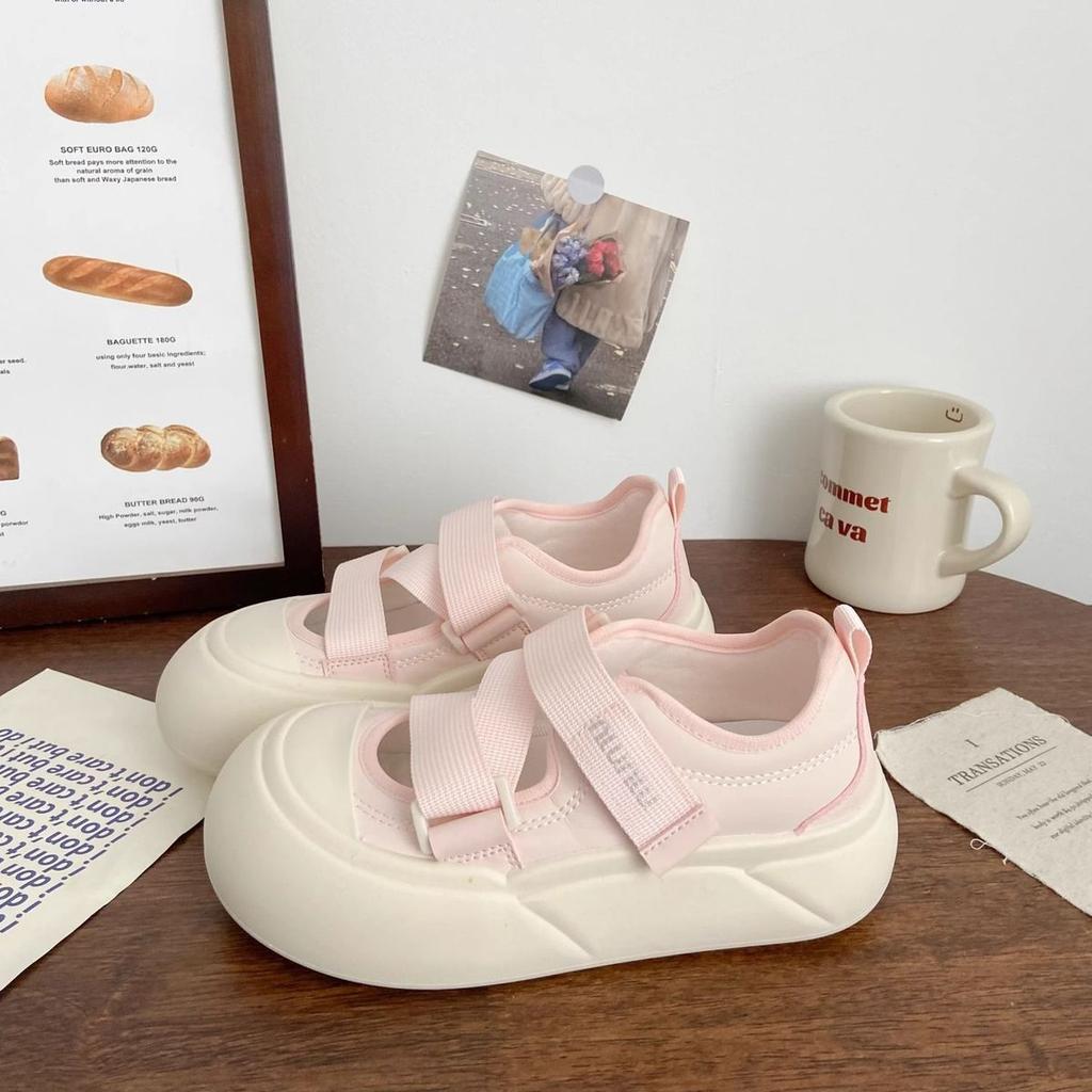 Pink hollow bread shoes female ugly cute summer new big head board shoes Mary Jane Velcro little white shoes