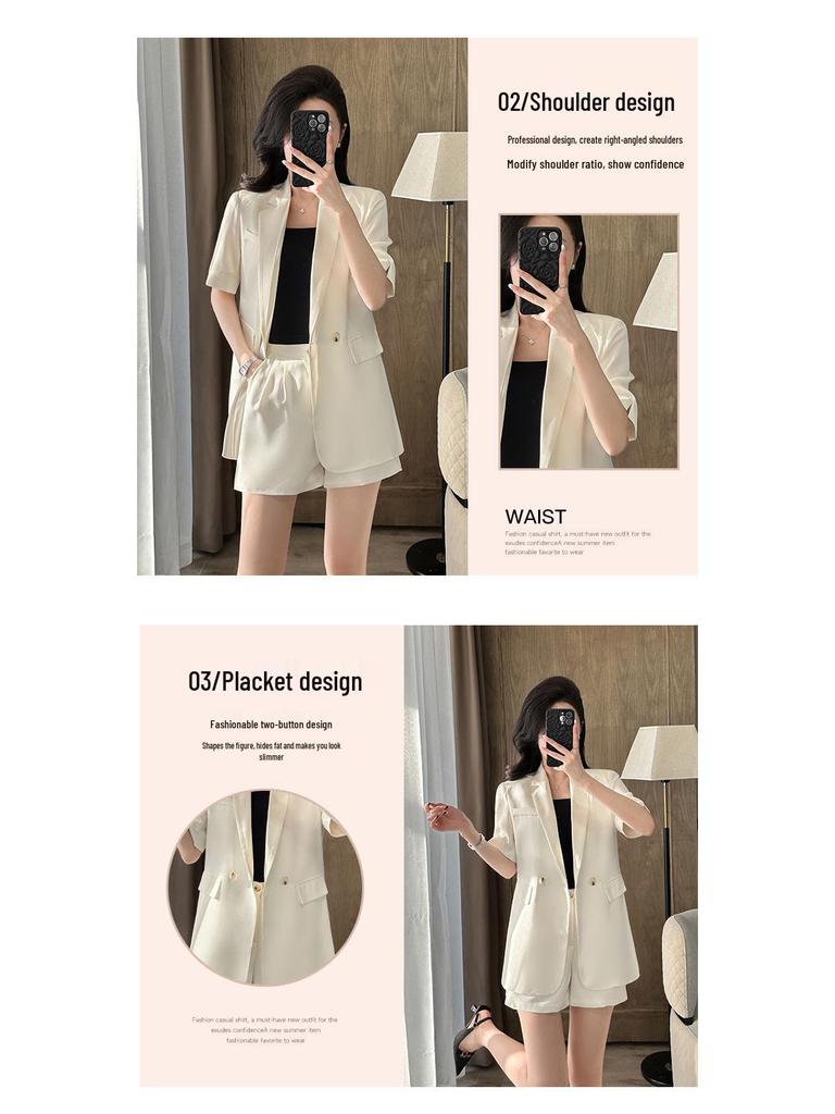 2025 Women's Summer White Blazer & Short Sleeve Suit Set - Plus Size, High-End, Fashionably Loose Fit
