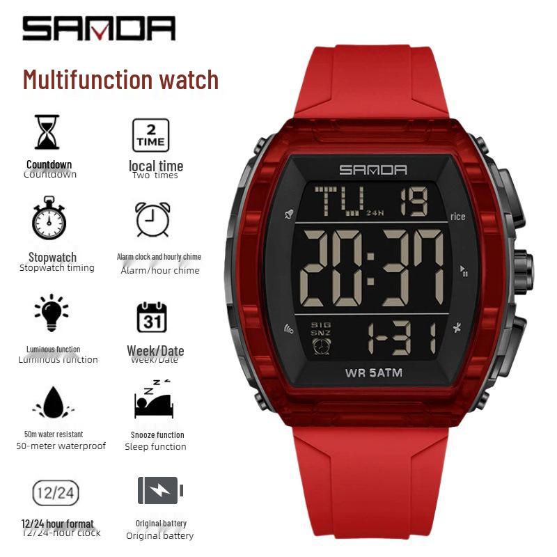 SANDA Men's Multifunctional Dual Time Waterproof Sport Watch - Fashion Tonneau Shape with Snooze Feature