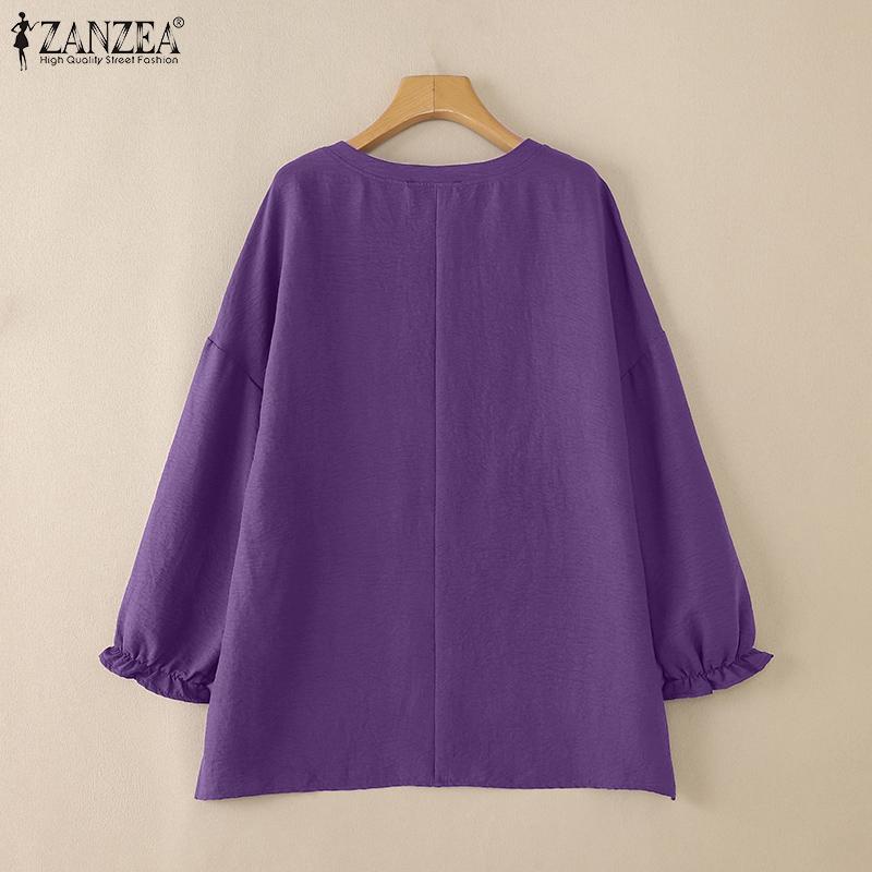 ZANZEA Dámská ležérní halenka s dlouhým rukávem a volným patchworkem do O