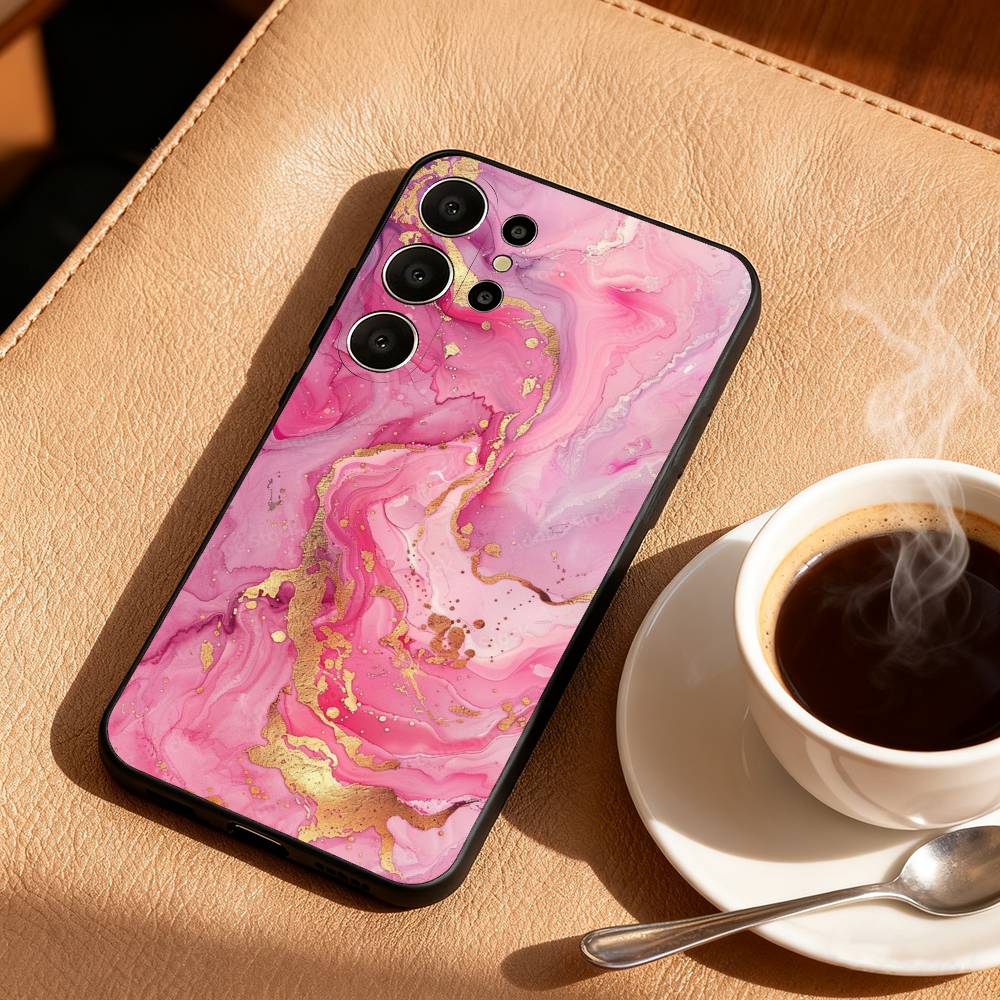 Gold Pink Geometric Marble Phone Case For Samsung S26,S25,24,23,22,30,21,10,9,Ultra,Plus,Lite,Black Soft Case