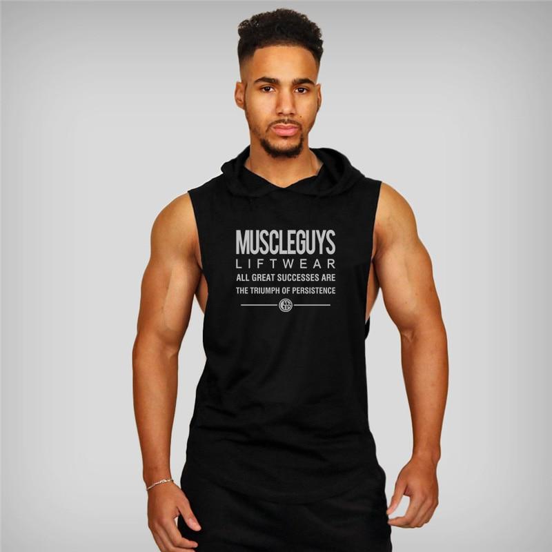 Muscleguys Muscleguys Brand Summer Mens Letters Print Gym Stringer Hooded Vest Bodybuilding Clothing Fitness Sleeveless Tank Tops Men