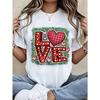 European Size Women's White Short Sleeve T-Shirt, LOVE Heart Letter Graphic, Casual Crew Neck Summer Top, Breathable Slight Stretch Fabric