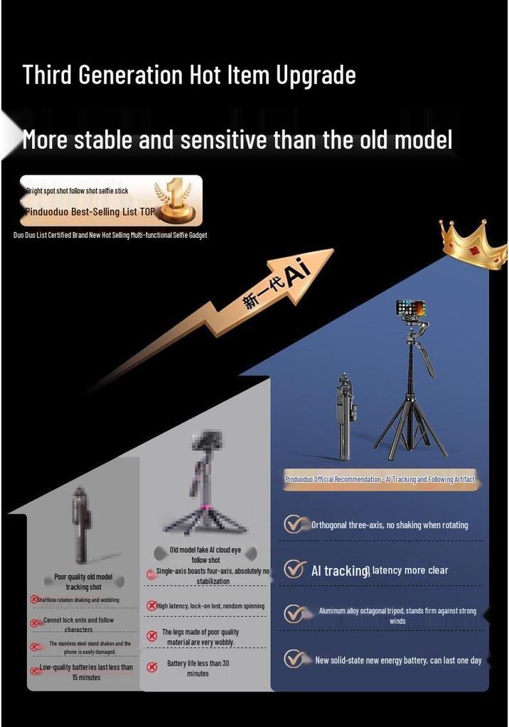Bright Spot Extendable Selfie Stick & AI Tracking Phone Gimbal