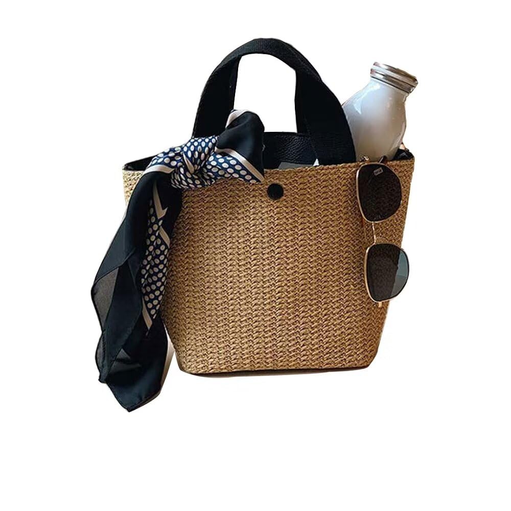 

[Uroi] Women s Straw Basket Bag, Handbag, Spring, Summer, Autumn, with Lining, No Drawstring Bag, Lightweight, Woven Bag, Summer Bag, Perfect for