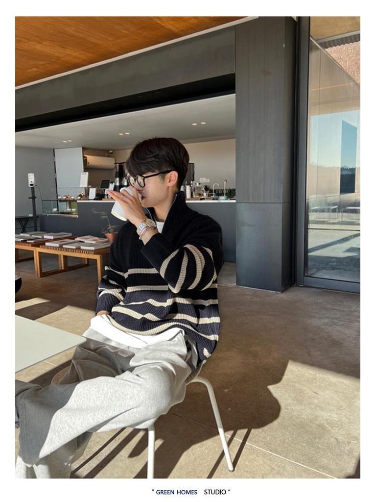 Men’s Trendy Loose Knit Striped Sweater - Japanese & Korean Style, Autumn/Winter Pullover