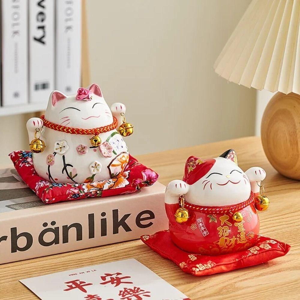 Crafts Ceramic Cat Money Bank Chinese Style Bell Desktop Decoration Modern Lovely Kitten Statue Coin Storage
