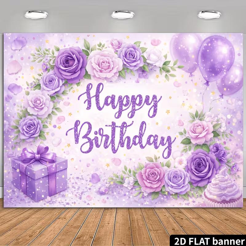 

2D Purple Rose Happy Birthday Backdrop Floral Balloon Party Photo Background 47.2x31.5inch/120*80cm