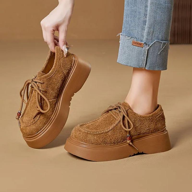 Fashion Retro Brown Faux Suede Thick Bottom Loafers Women Fashion Sewing Gemstone Designer Shoes Cozy Lace Up Derby Shoes Zapatos Mules