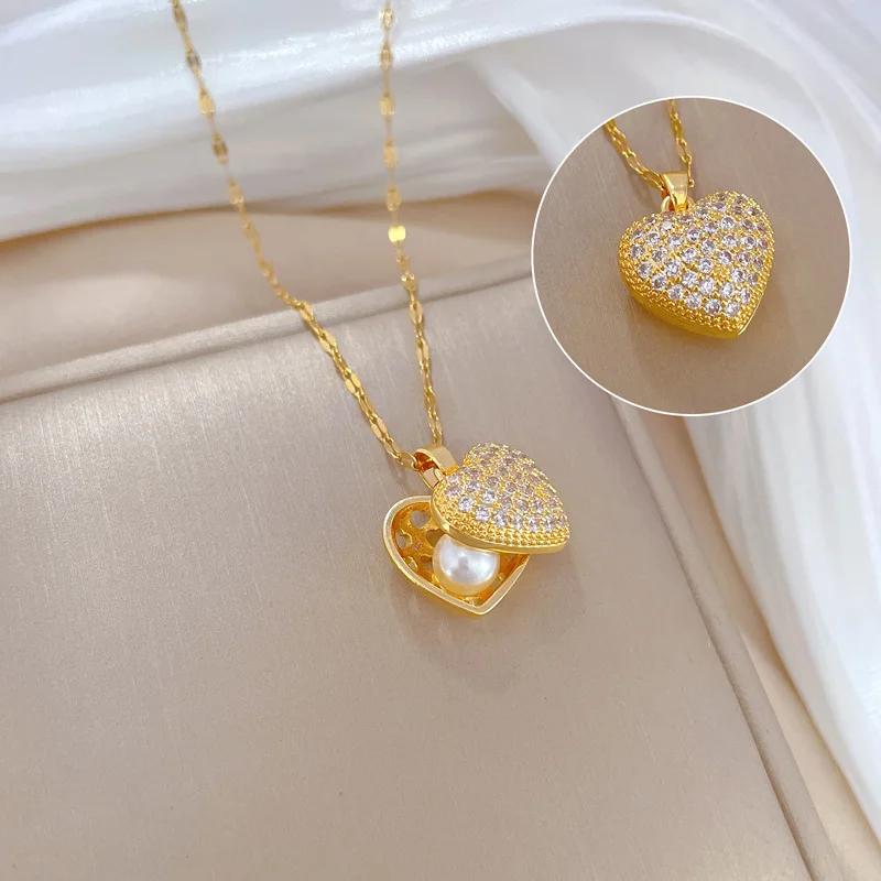 Moderna y Lujosa Cadena para Clavícula de Acero Inoxidable, Personalizable y Versátil, con Colgante de Ostra y Perla en Forma de Corazón de Melocotón