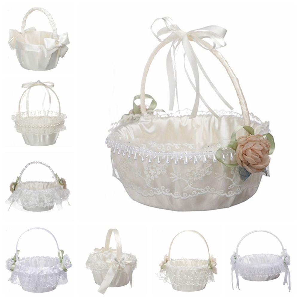 Rose Flower Flower Girls Basket Lace Satin Bow Hanbag Sweet Wedding Flower Basket Party