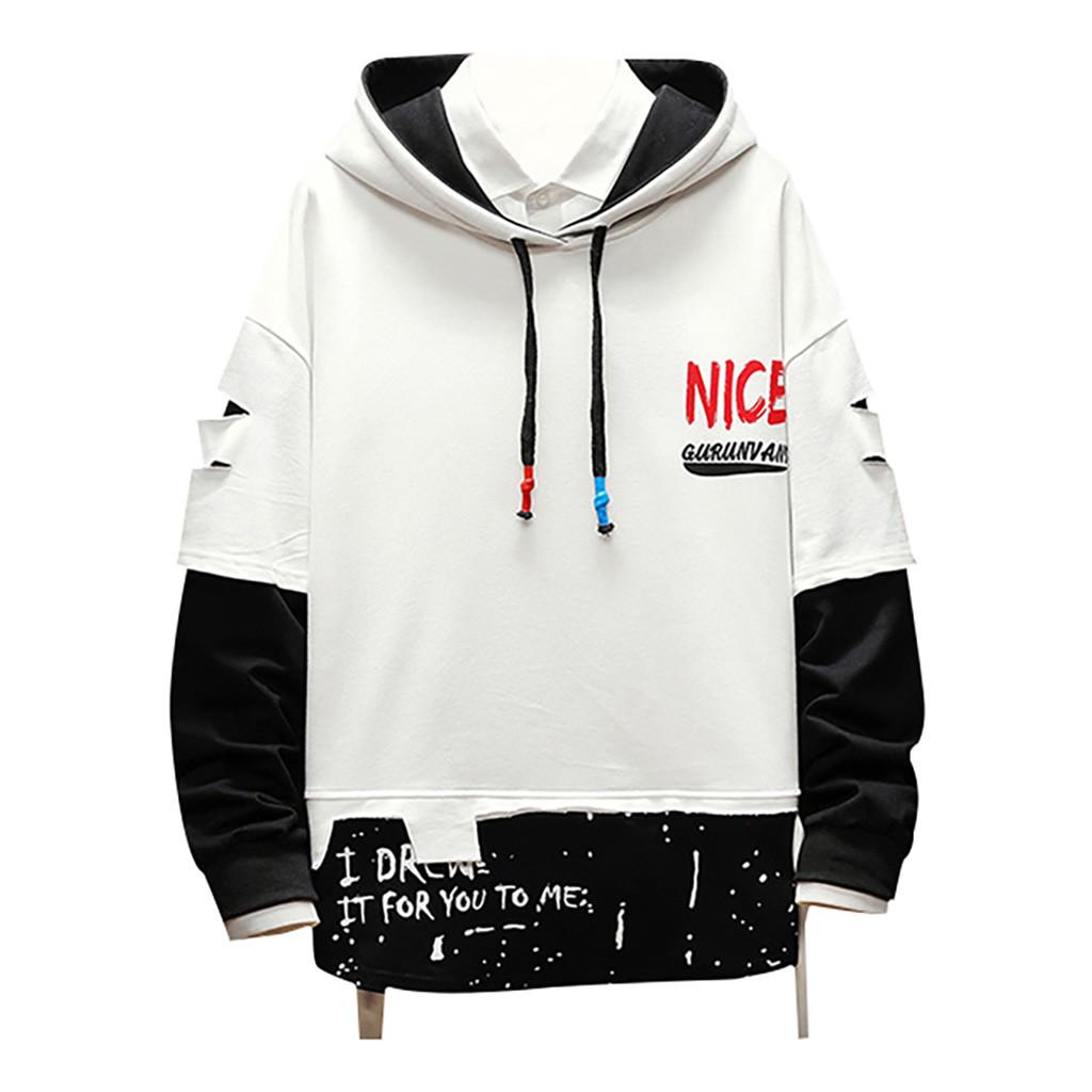 Men  Splicing Button Pullover Long Sleeve Hooded Sweatshirt Tops Blouse