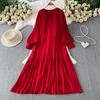 Large size fat MM lace-up round neck lantern sleeve dress women's summer commute loose belly covering thin pleated dress