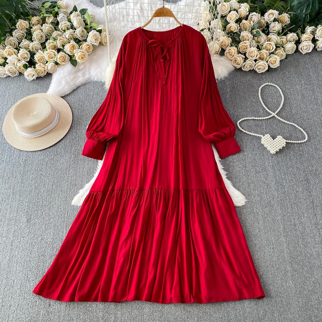 Large size fat MM lace-up round neck lantern sleeve dress women's summer commute loose belly covering thin pleated dress