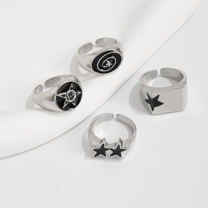 4 Stück/Set Schwarze Fünfzackige Sterne Breite Ringe Für Männer Hiphop Silberfarben Geometrisch Dicke Öffnende Fingerringe Sets Schmuck Geschenke