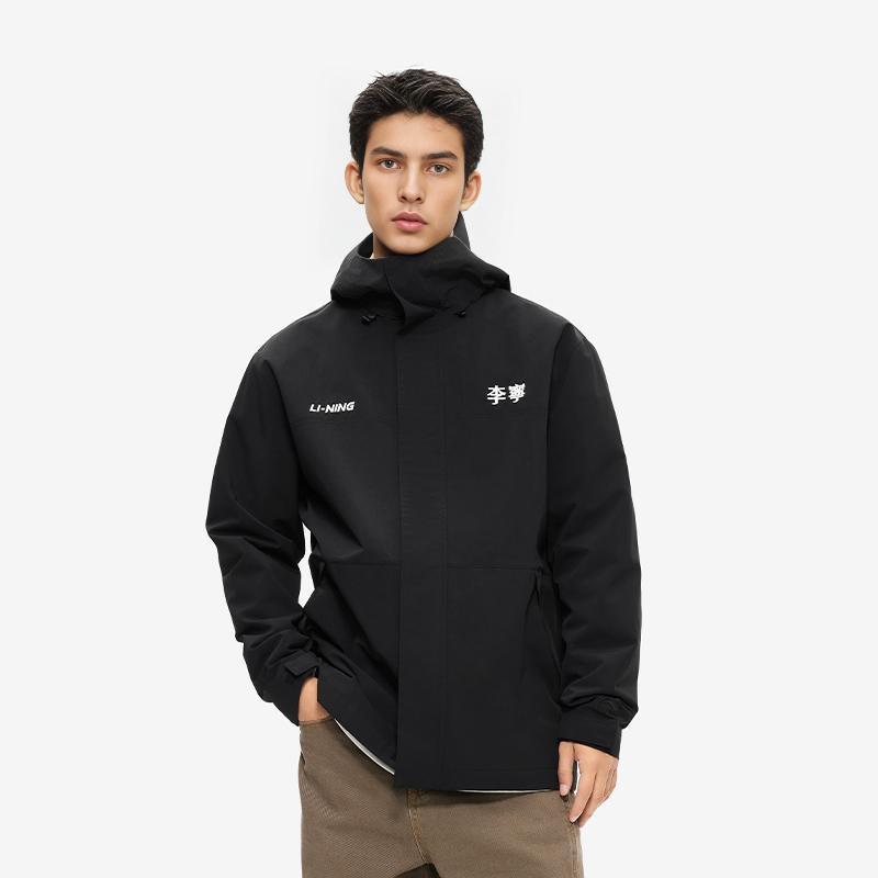 Li-Ning Wasserabweisende Kapuzen-Strickjacke mit Buchstabenaufdruck für Outdoor-Radfahren, Klettern, Windbreaker, Unisex-Oberbekleidung, Schwarz AFDU945-6