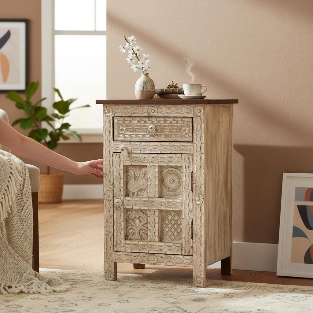 Wood Carved Side Cabinet Bedside Storage With Desk Drawer,Living Room End Table Furniture-Sideboard Drawer-Wood Cupboard Nightstand