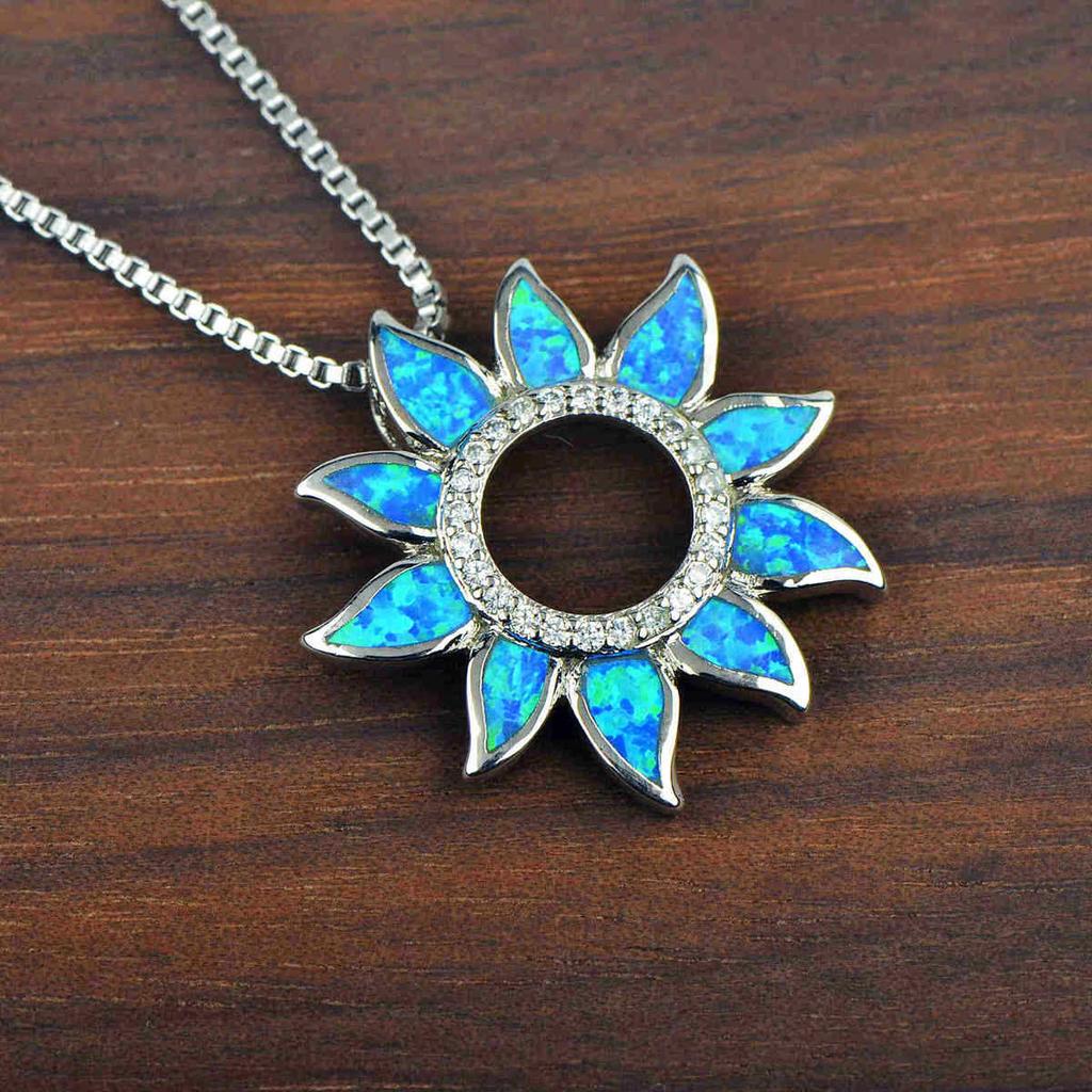 Aobao Fashion Colored Opal Sunflower Pendant Necklace with Copper Silver Plated Link Sweater Chain