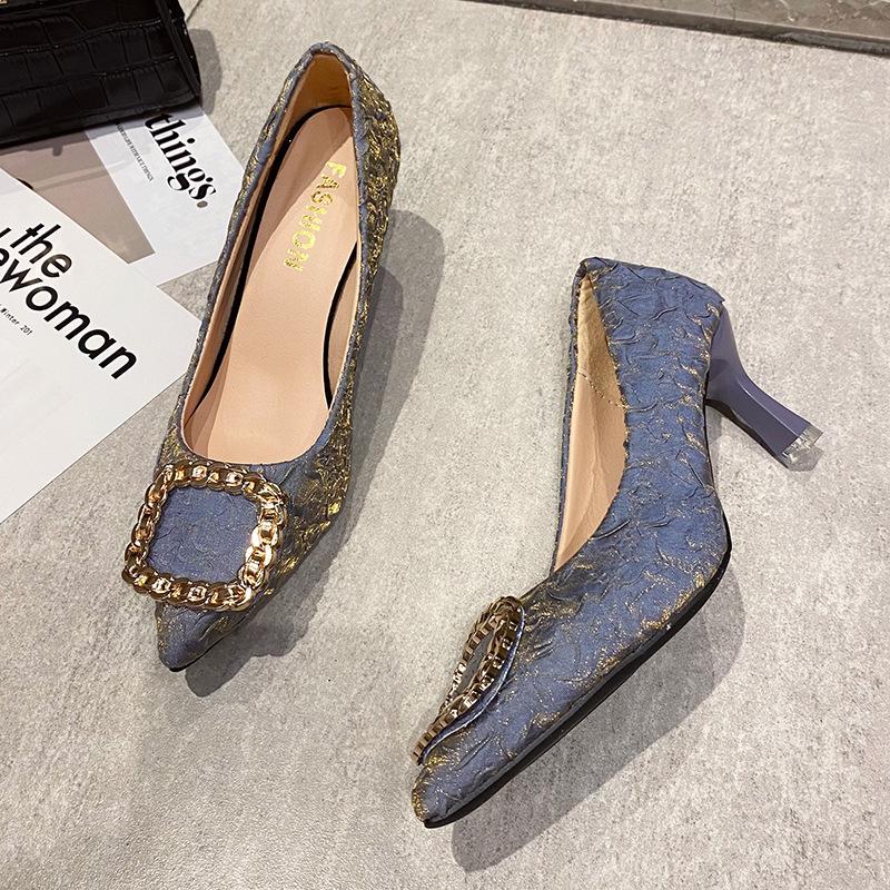Temperament pointed high heels women's autumn new fashion pleated face square buckle shallow mouth thin heel single shoes professional style