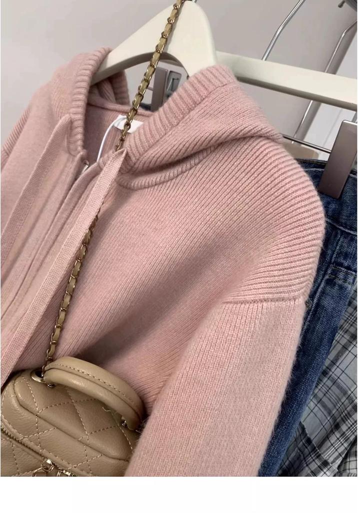 Women's Korean Style Hooded Double Zipper Knit Cardigan Jacket for Autumn/Winter