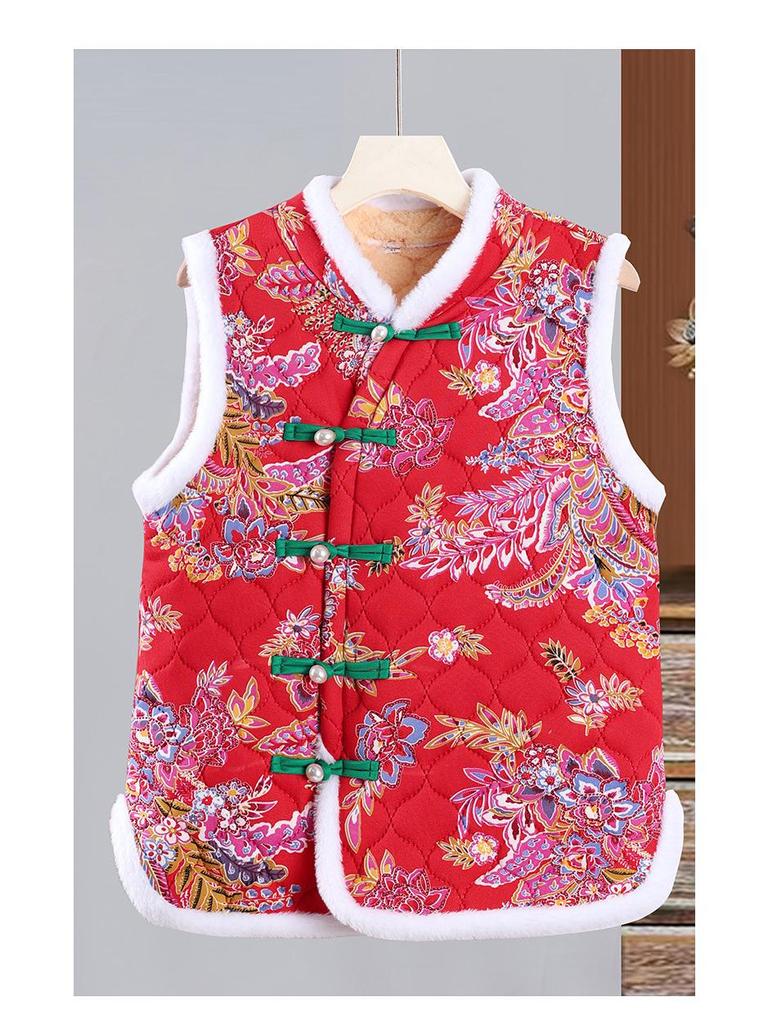 Middle-aged Women's Chinese Style Red Floral Quilted Vest with Frog Buttons – Autumn/Winter Plus Velvet Thickened Vest