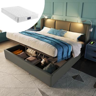 Upholstered Bed Double Bed Storage Bed Box Reading Light with Charging Function Headboard, Bed Frame PU 160x200 with Slatted Frame (With Mattress)