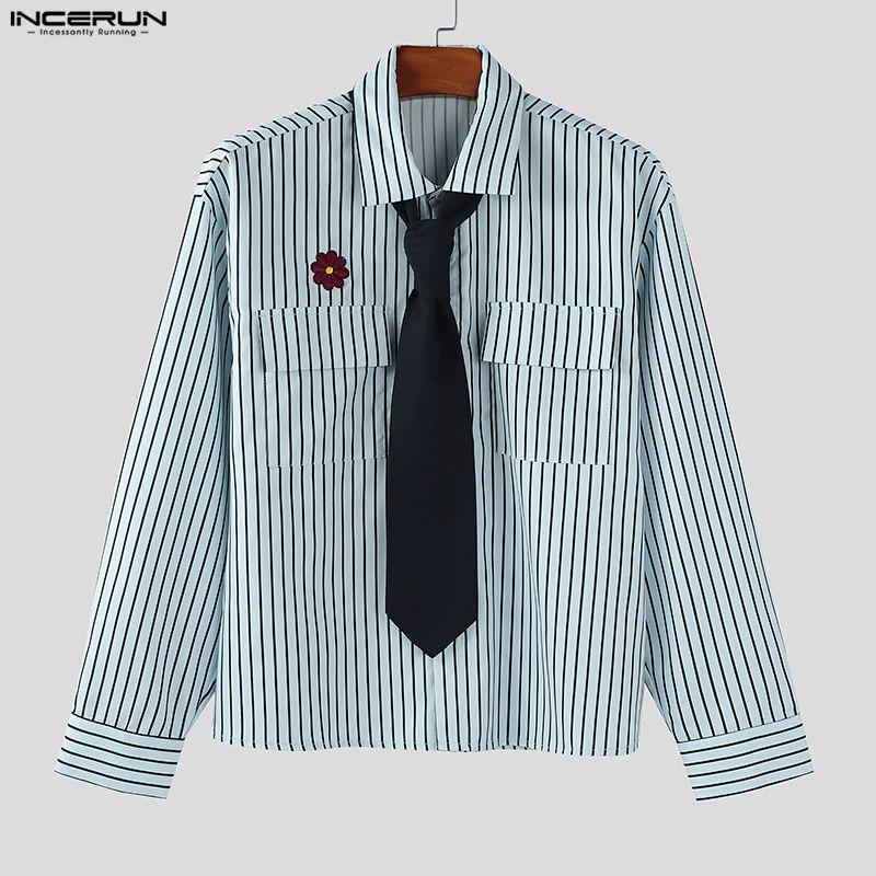 INCERUN Oversized College Style Men Turn-down Collar Tie Long Sleeve Striped Casual Shirts