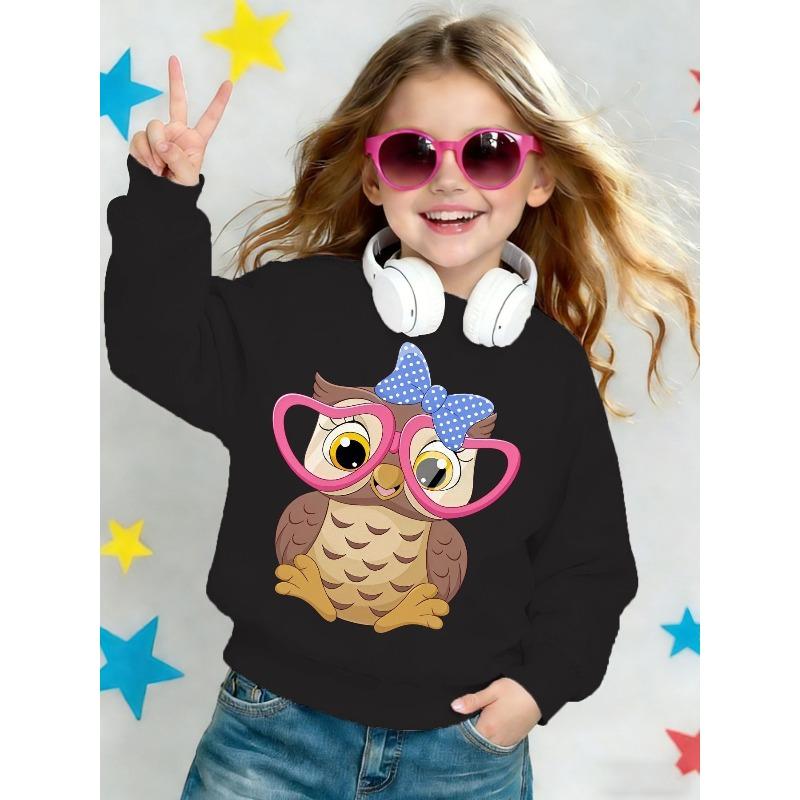 Kids Sweatshirt , Round Neck Sweatshirt Spring Autumn Cartoon Owl Big-Eyed Heart Glasses Bow Cute Print Casual Sweatshirt