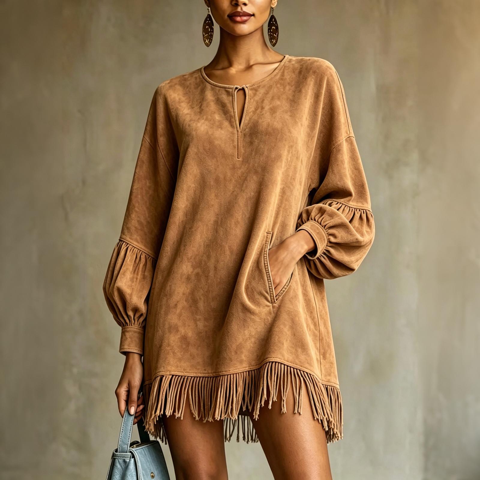Women s Fashion Sleeve Round Neck Slit Dress Loose Fit XXXL