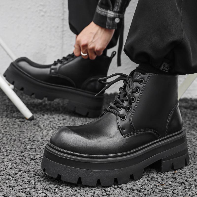large size mens casual punk hip hop platform boots lace-up genuine leather shoes cowboy chunky ankle boot handsome short botas