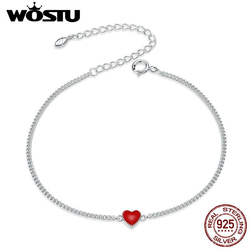 WOSTU Real 925 Sterling Silver Simple Red Heart Chain Bracelets Adjustable Lovely Links Birthday Jewelry Special Anniverary Gift