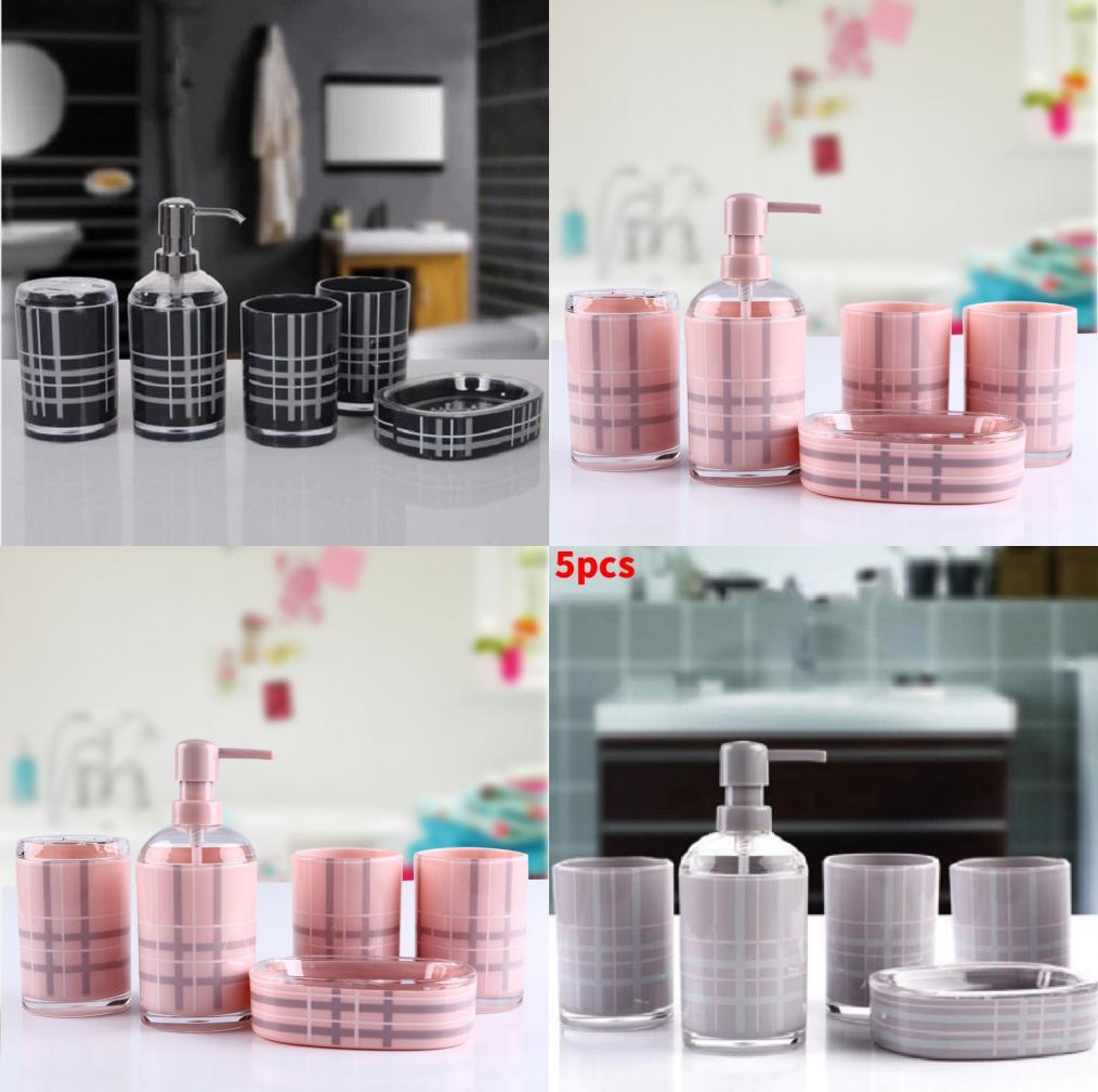Plastic Bathroom Set With Grid Pattern Includes Soap Dispenser Shampoo Bottle And Storage Jars For Home Use
